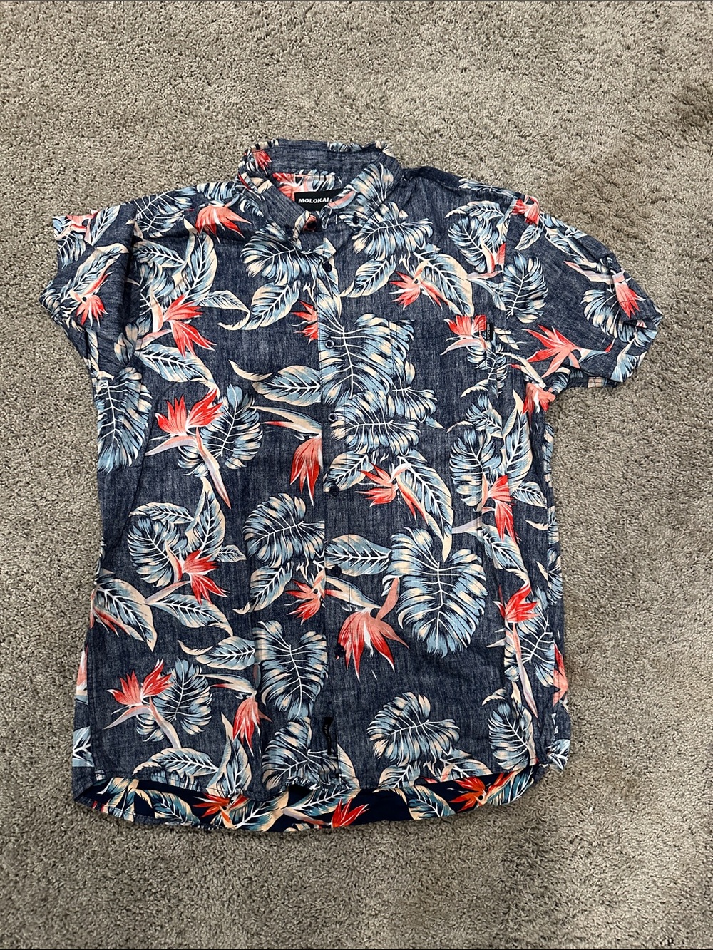 Moda Luxe Navy Short Sleeve Tropical Print Button-Down Shirt with Red Accents